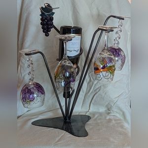 Tabletop Wine Bottle Holder-Wineglass Rack with Four Hand-Painted Wineglasses